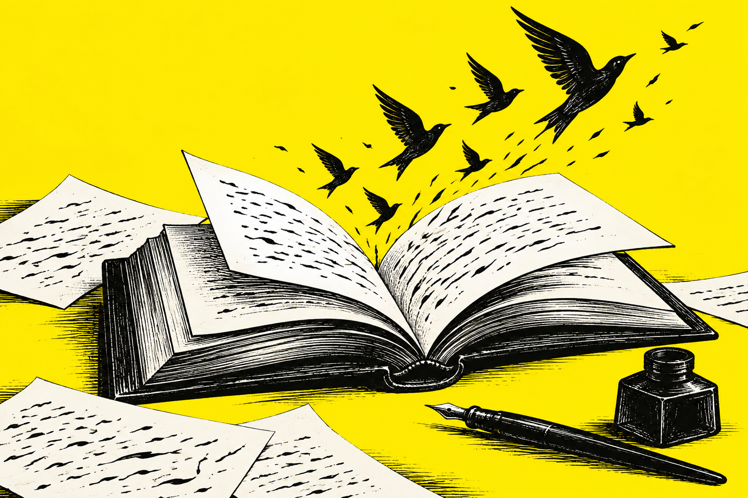 رسم توضيحي لكتاب مفتوح وقلم وطيور