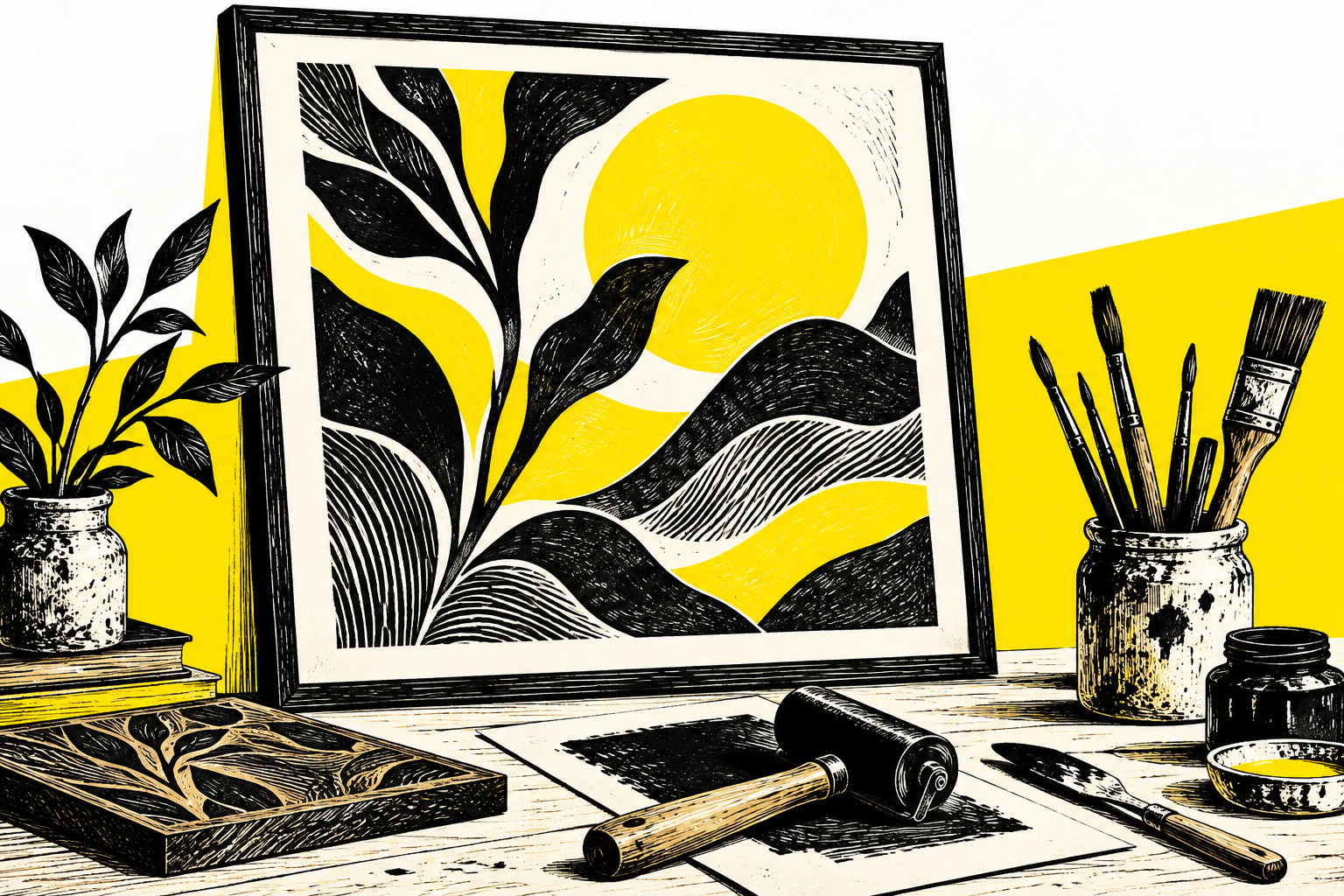 رسم توضيحي لأدوات الفن وطبعة فنية